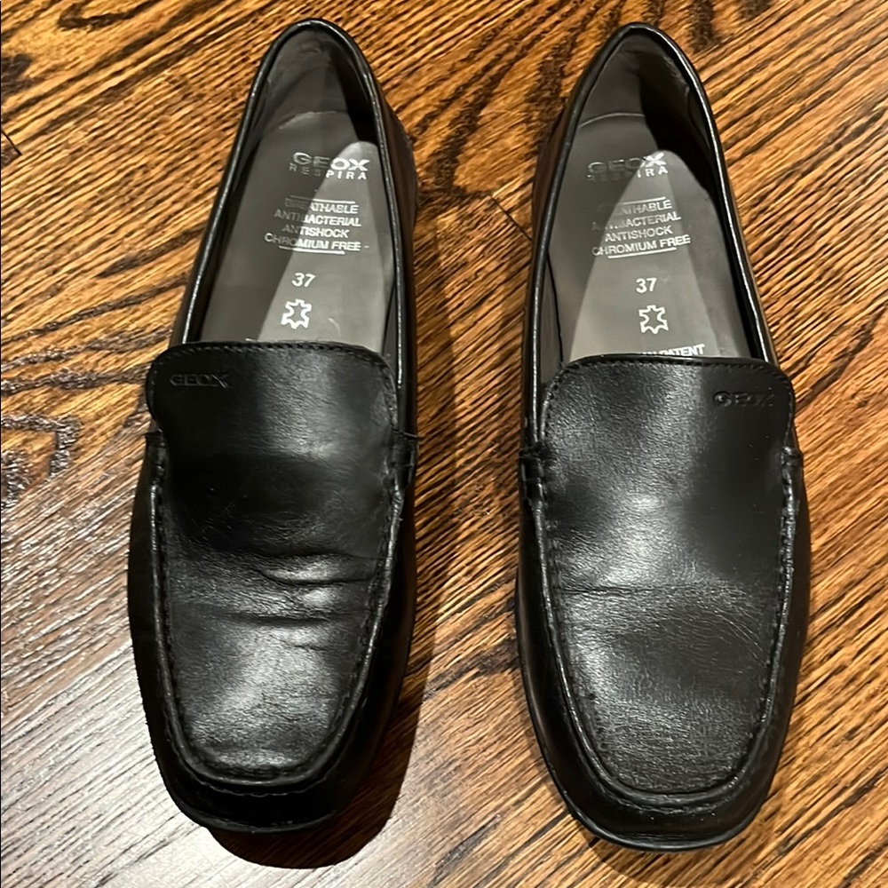 Geox Black Leather Slip-On Loafers